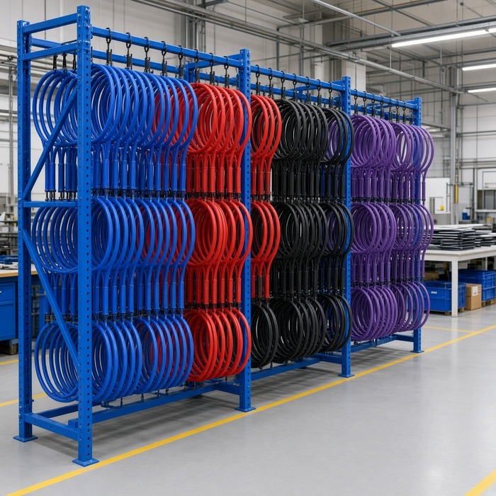 Finished frames staged on QC hanging racks